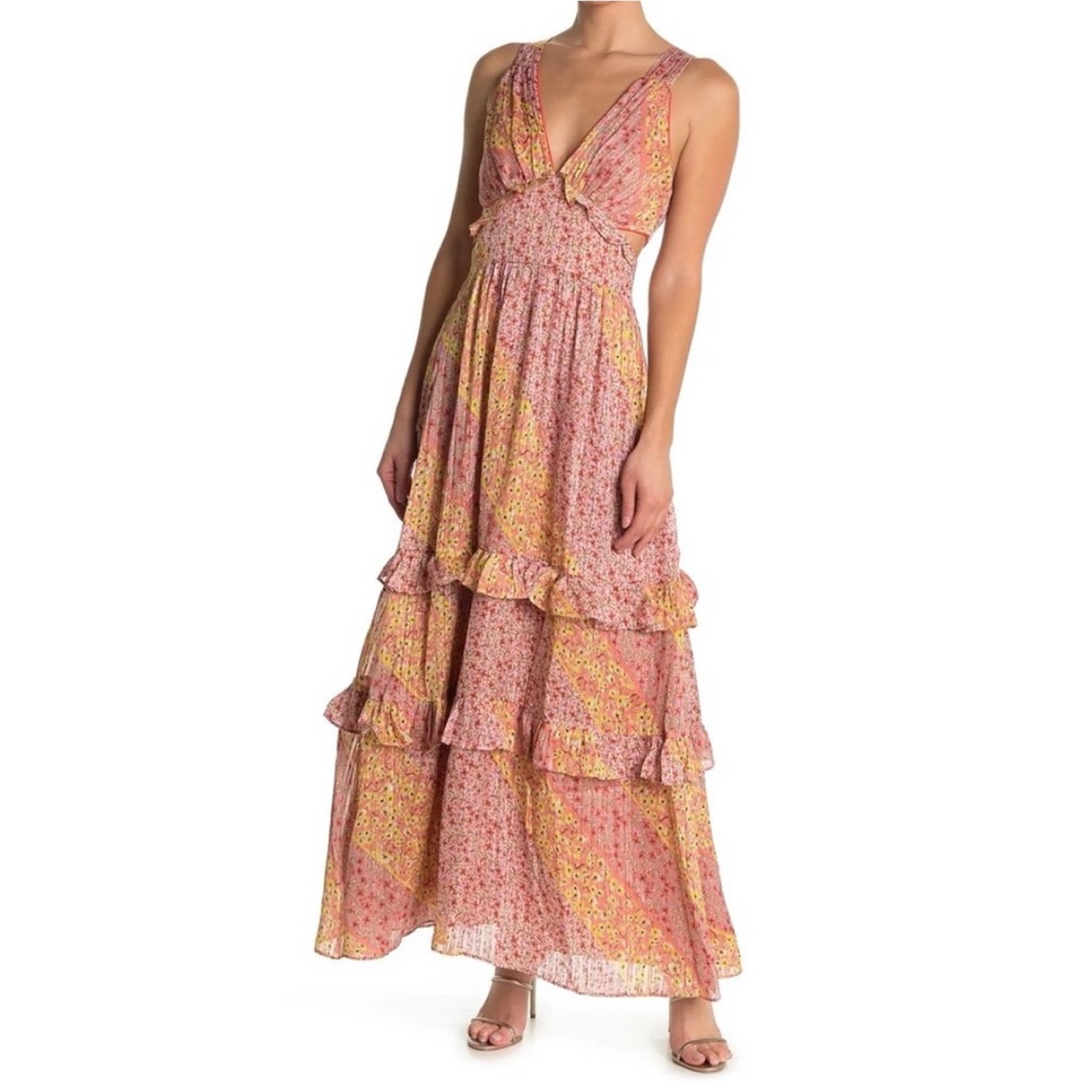 Harlyn pink and orange tiered ruffle maxi dress.